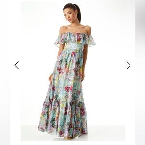 A+O X LOLA SCHNABEL TEMPIE RUFFLE OFF SHOULDER MAXI DRESS